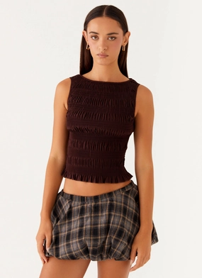 Garden Kisses Shirred Top - Brown Bound Seam Finish Formal Shirt Garden Kisses Shirred Top - Brown