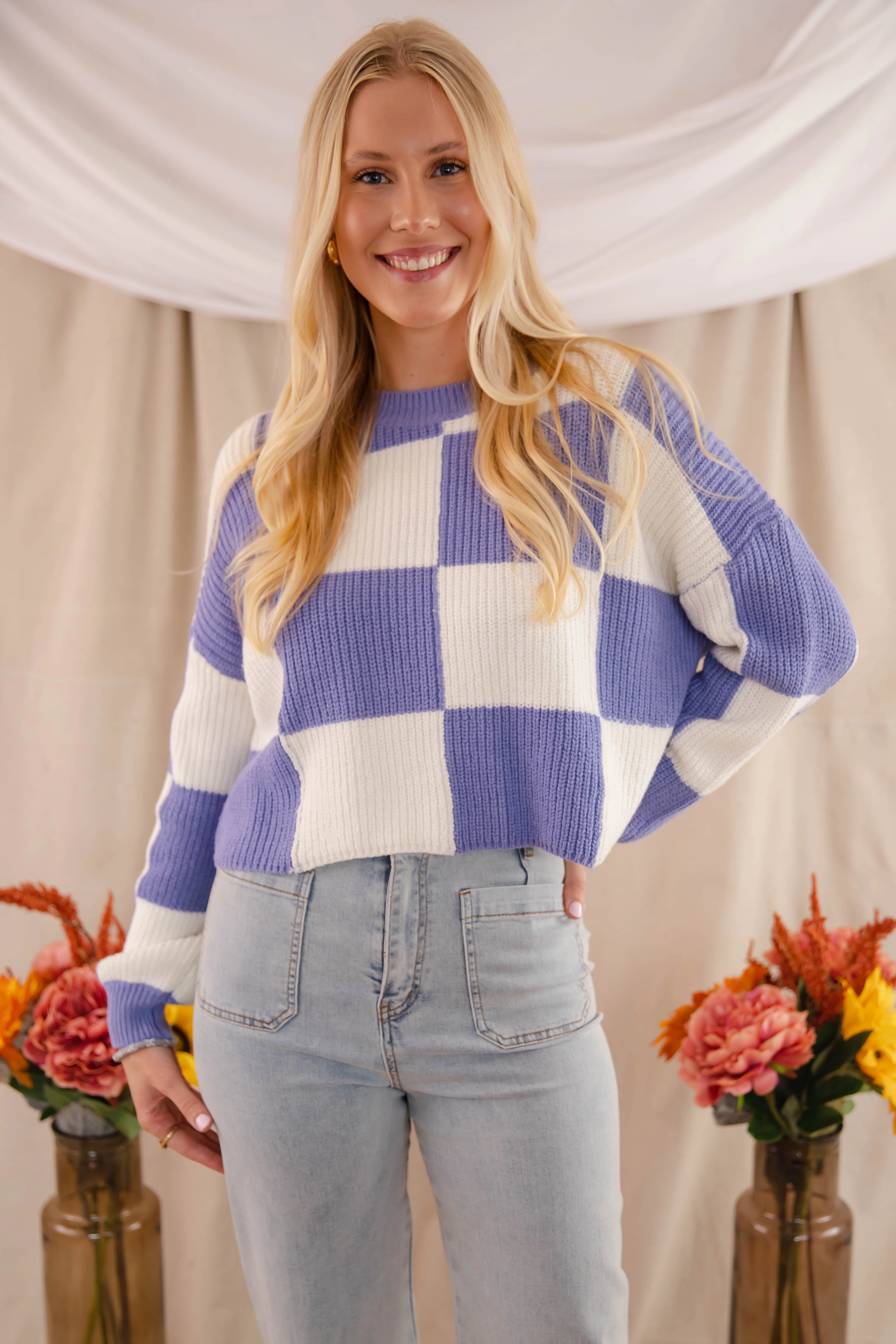 Checking Off the Boxes Sweater-Blue Resilient Elasticity