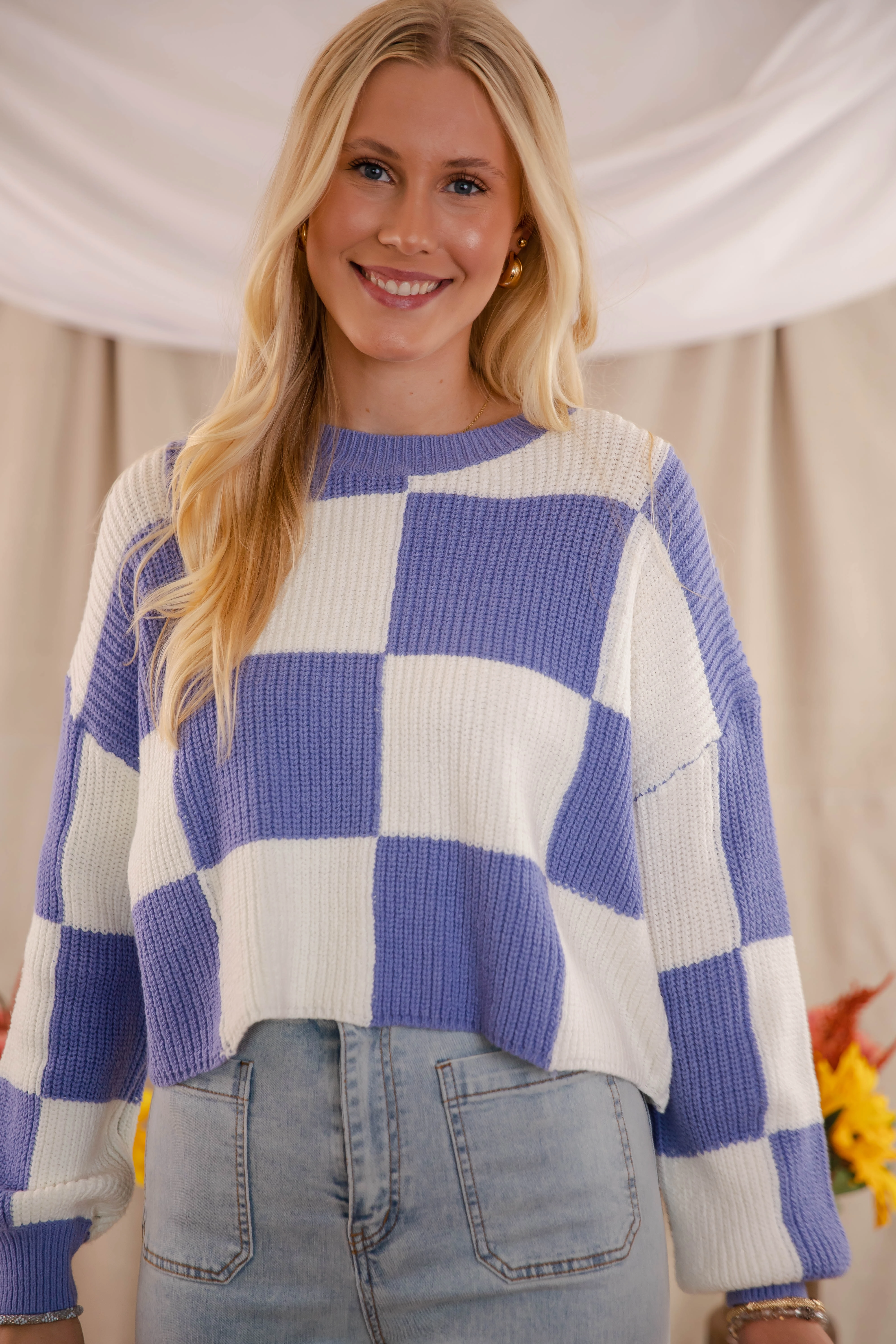 Checking Off the Boxes Sweater-Blue Oversized Silhouette HeavyweightThermal