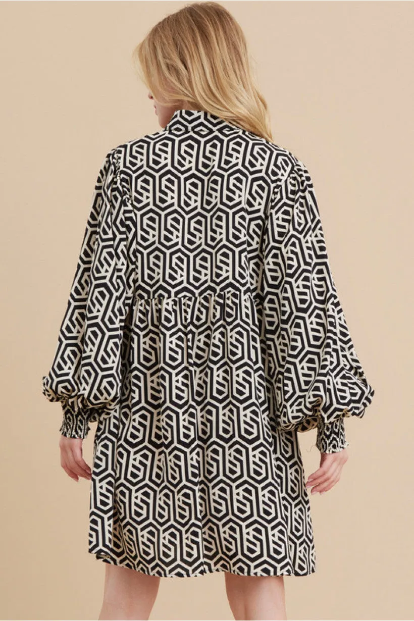 Geometric Print Baby Doll Dress W/Collared Neck