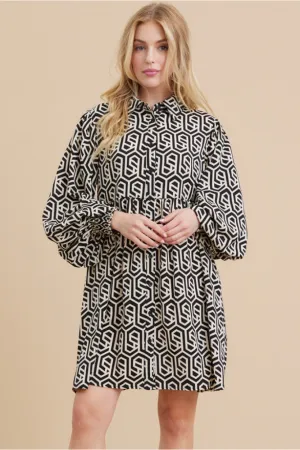 Geometric Print Baby Doll Dress W/Collared Neck