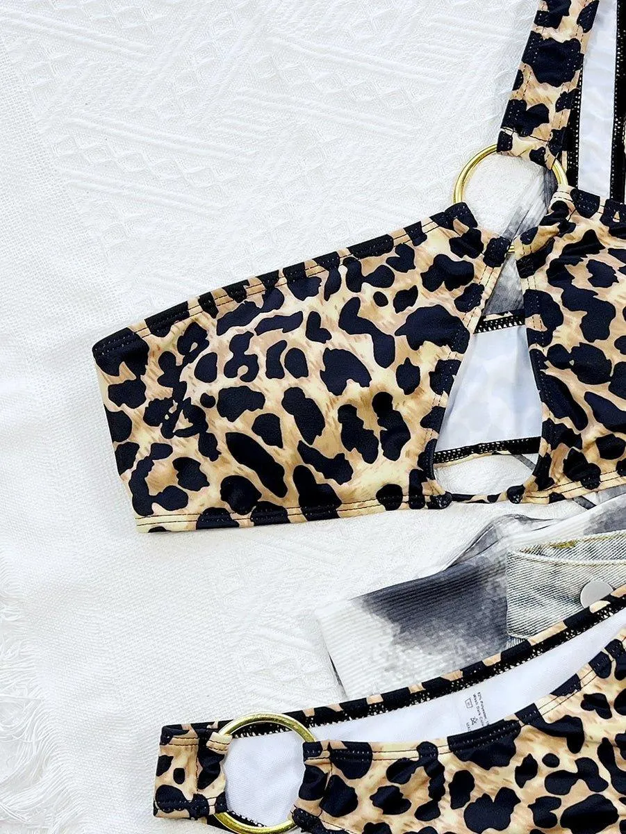 GFIT® Leopard Single Shoulder Bikinis Set