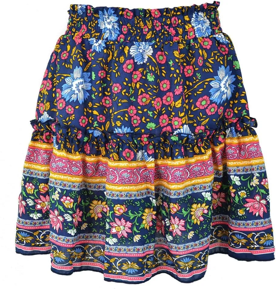 GGUHHU Womens Lovely Floral Boho Skirts Elastic High Waist A-Line Pleated Ruffle Mini Skirts
