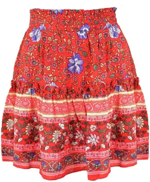 GGUHHU Womens Lovely Floral Boho Skirts Elastic High Waist A-Line Pleated Ruffle Mini Skirts