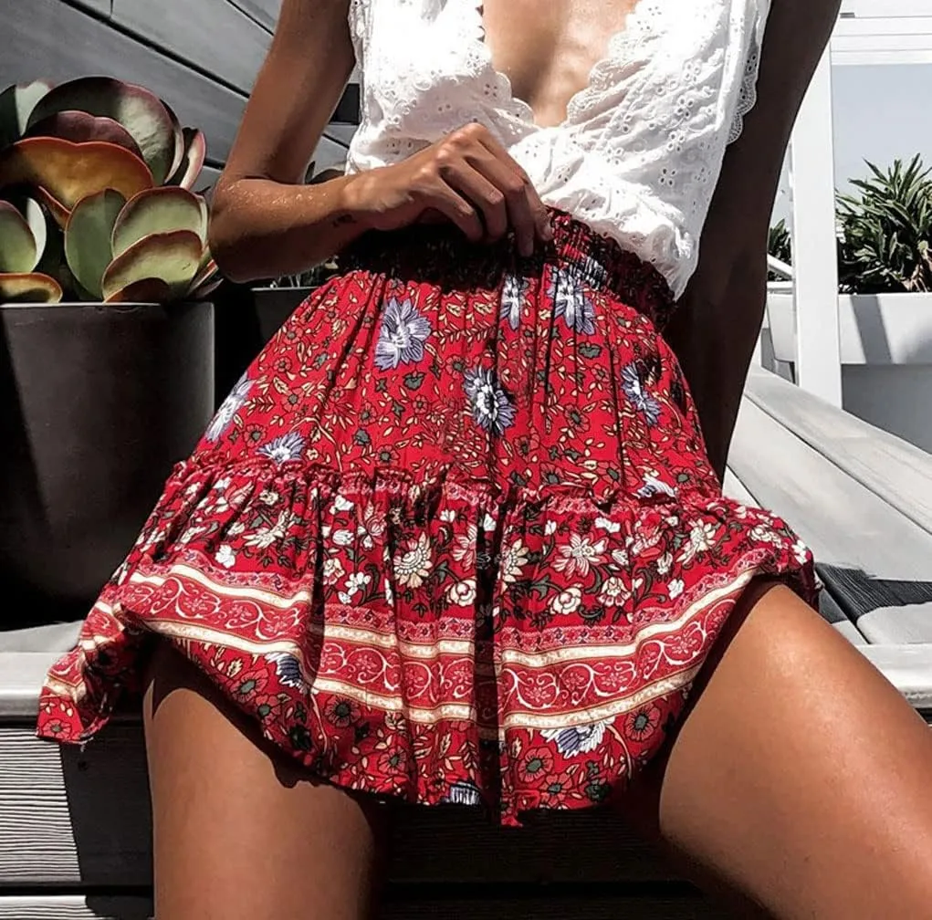 GGUHHU Womens Lovely Floral Boho Skirts Elastic High Waist A-Line Pleated Ruffle Mini Skirts