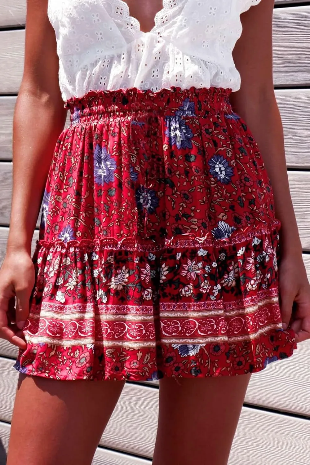 GGUHHU Womens Lovely Floral Boho Skirts Elastic High Waist A-Line Pleated Ruffle Mini Skirts