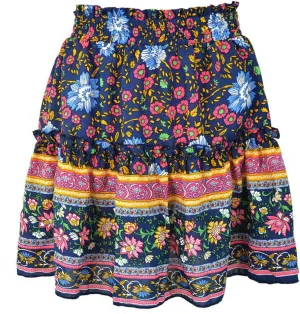 GGUHHU Womens Lovely Floral Boho Skirts Elastic High Waist A-Line Pleated Ruffle Mini Skirts