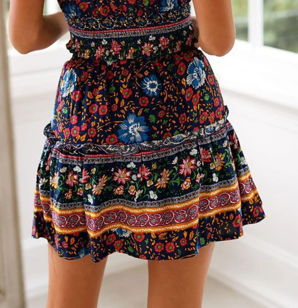 GGUHHU Womens Lovely Floral Boho Skirts Elastic High Waist A-Line Pleated Ruffle Mini Skirts