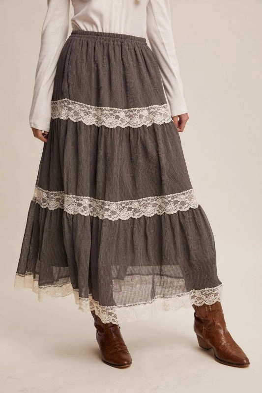 Gina Tiered Lace-trim Maxi Skirt Outfit Lookbook Print Mix