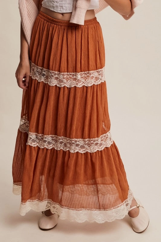 Gina Tiered Lace-trim Maxi Skirt Cotton Rich