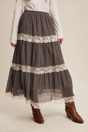 Gina Tiered Lace-trim Maxi Skirt Cozy Edge Gina Tiered Lace-trim Maxi Skirt Sequined Finish Comfort Mood