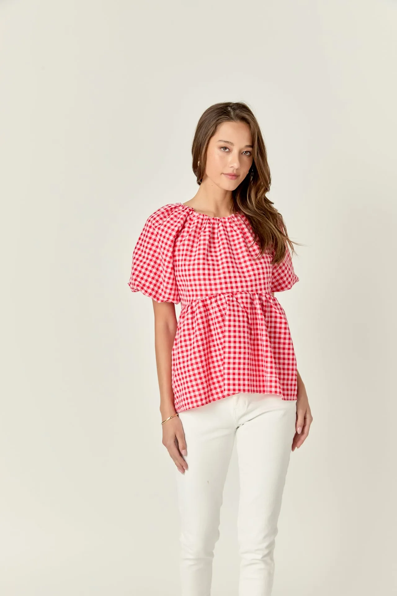 Gingham Neck Shirred Flowy Top