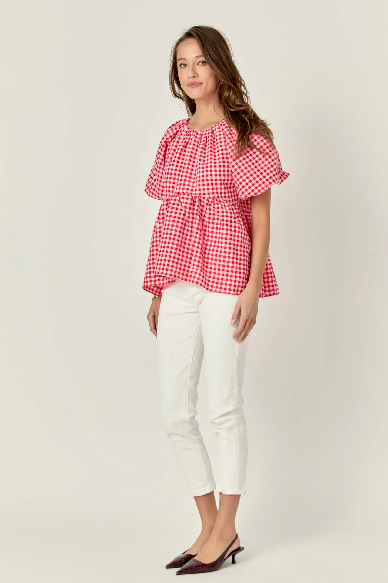 Gingham Neck Shirred Flowy Top