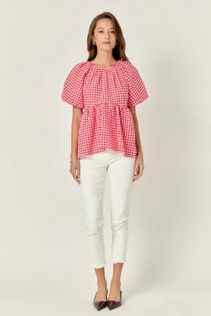 Gingham Neck Shirred Flowy Top