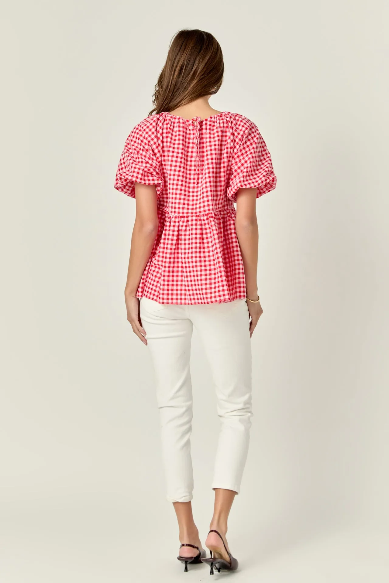 Gingham Neck Shirred Flowy Top