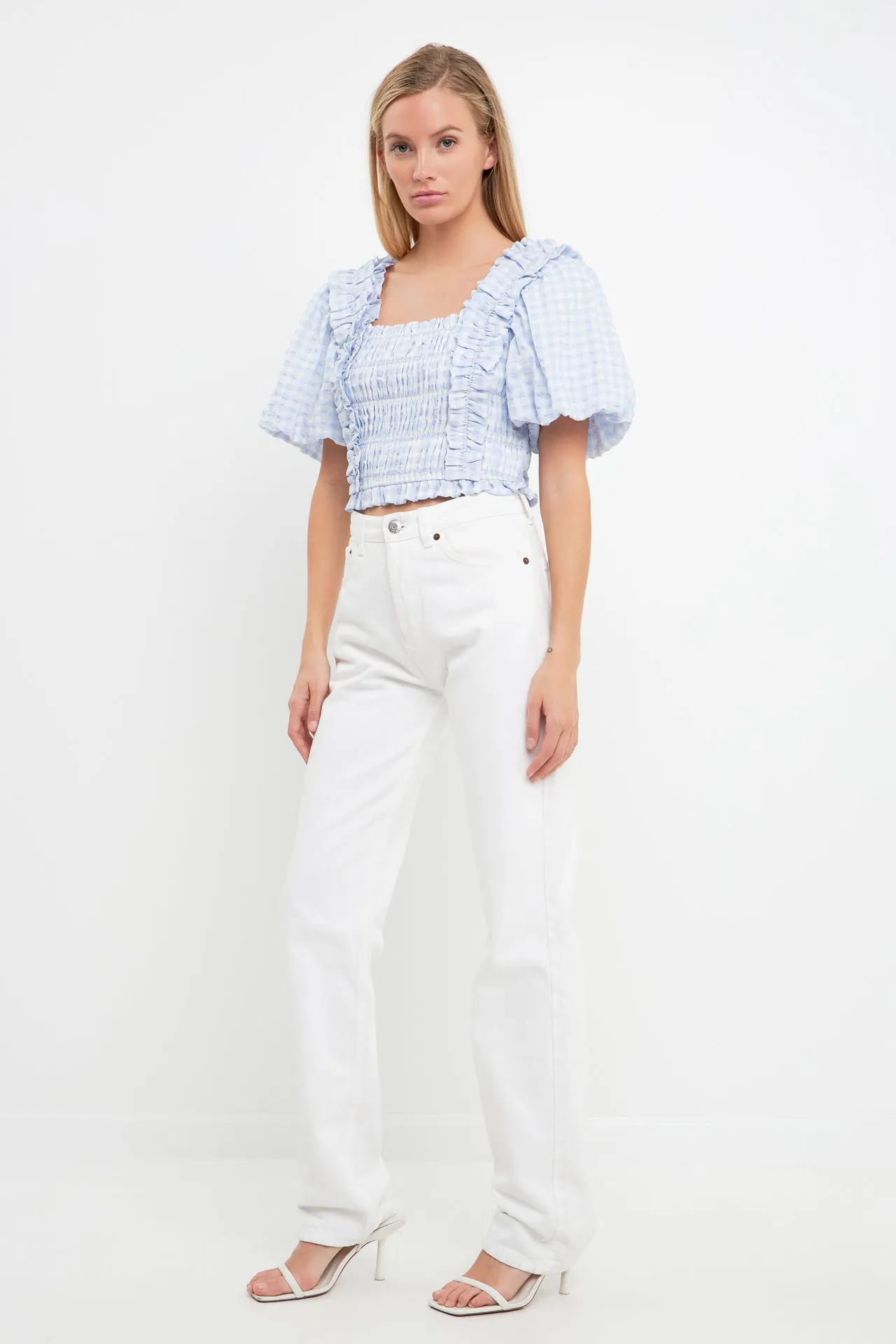 Gingham Smocked Puff Sleeve Top