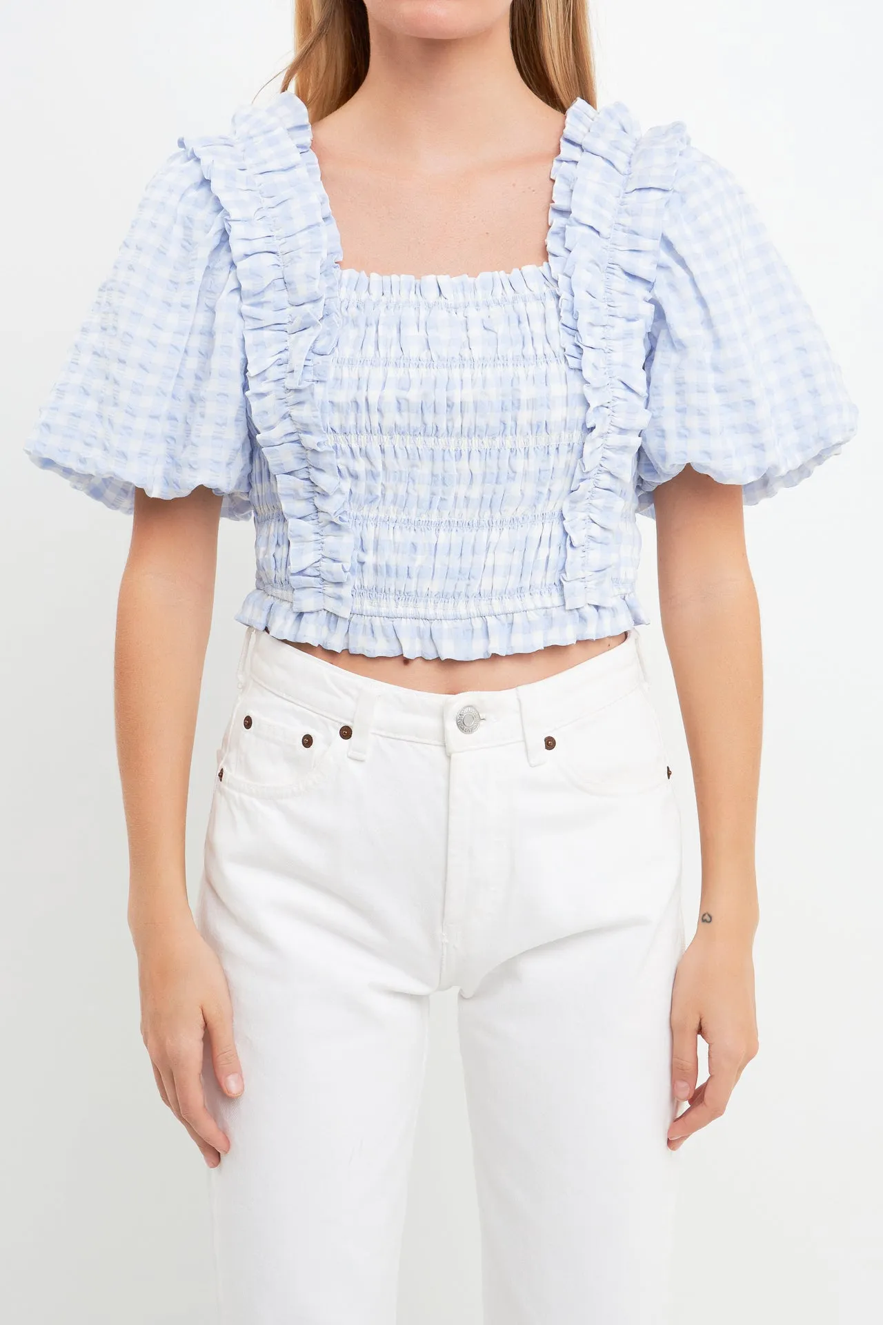 Gingham Smocked Puff Sleeve Top