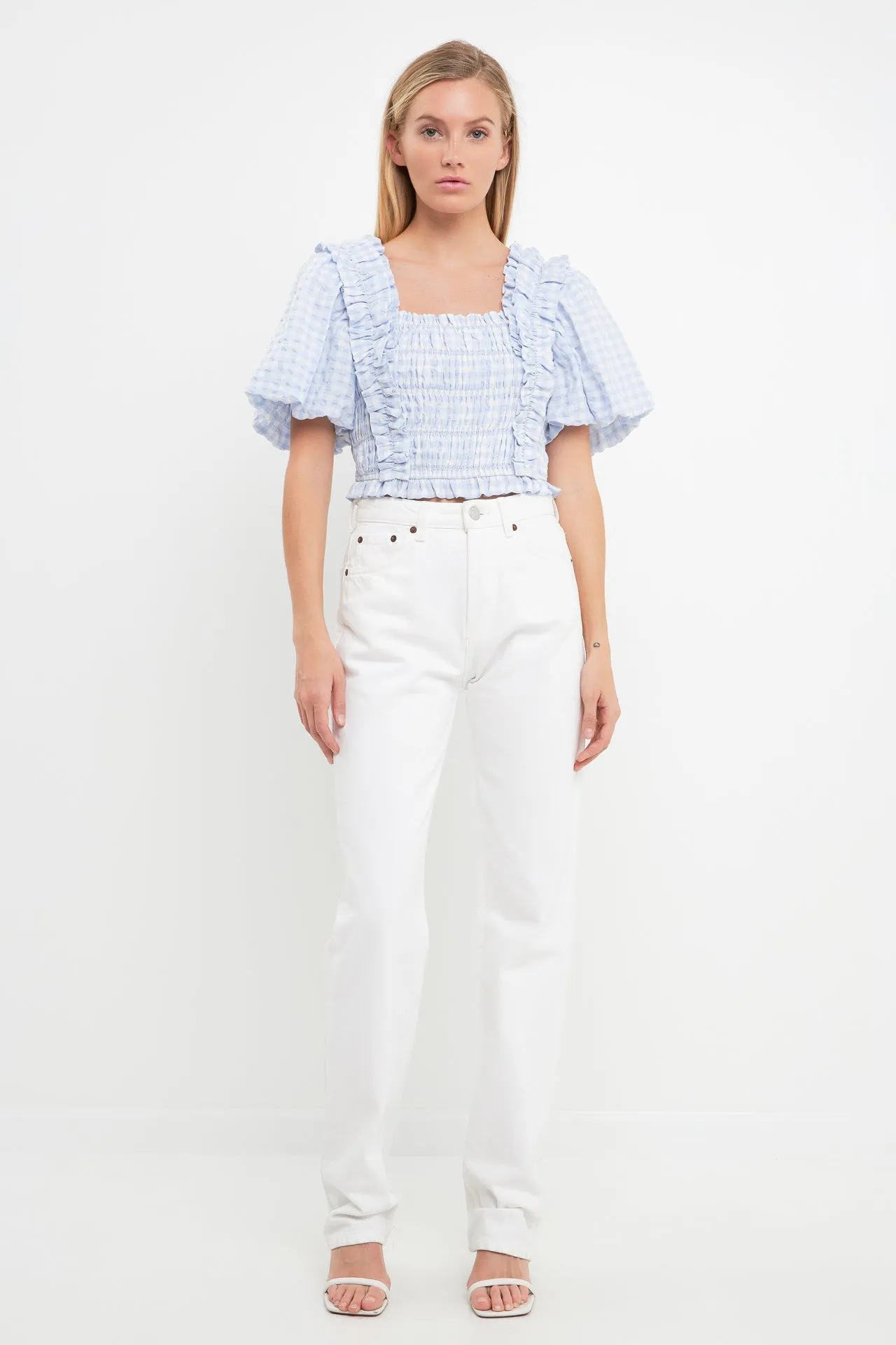 Gingham Smocked Puff Sleeve Top