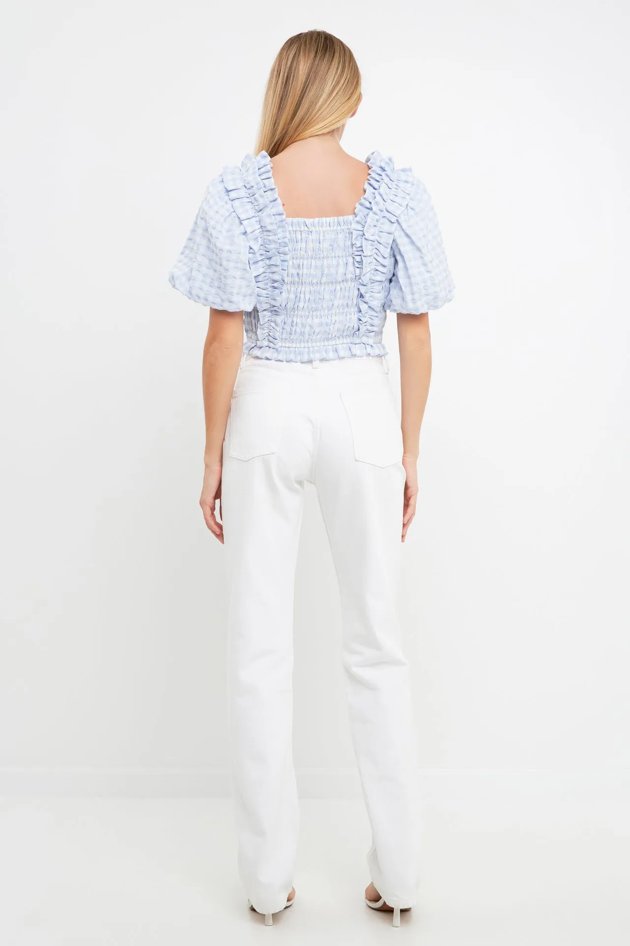 Gingham Smocked Puff Sleeve Top
