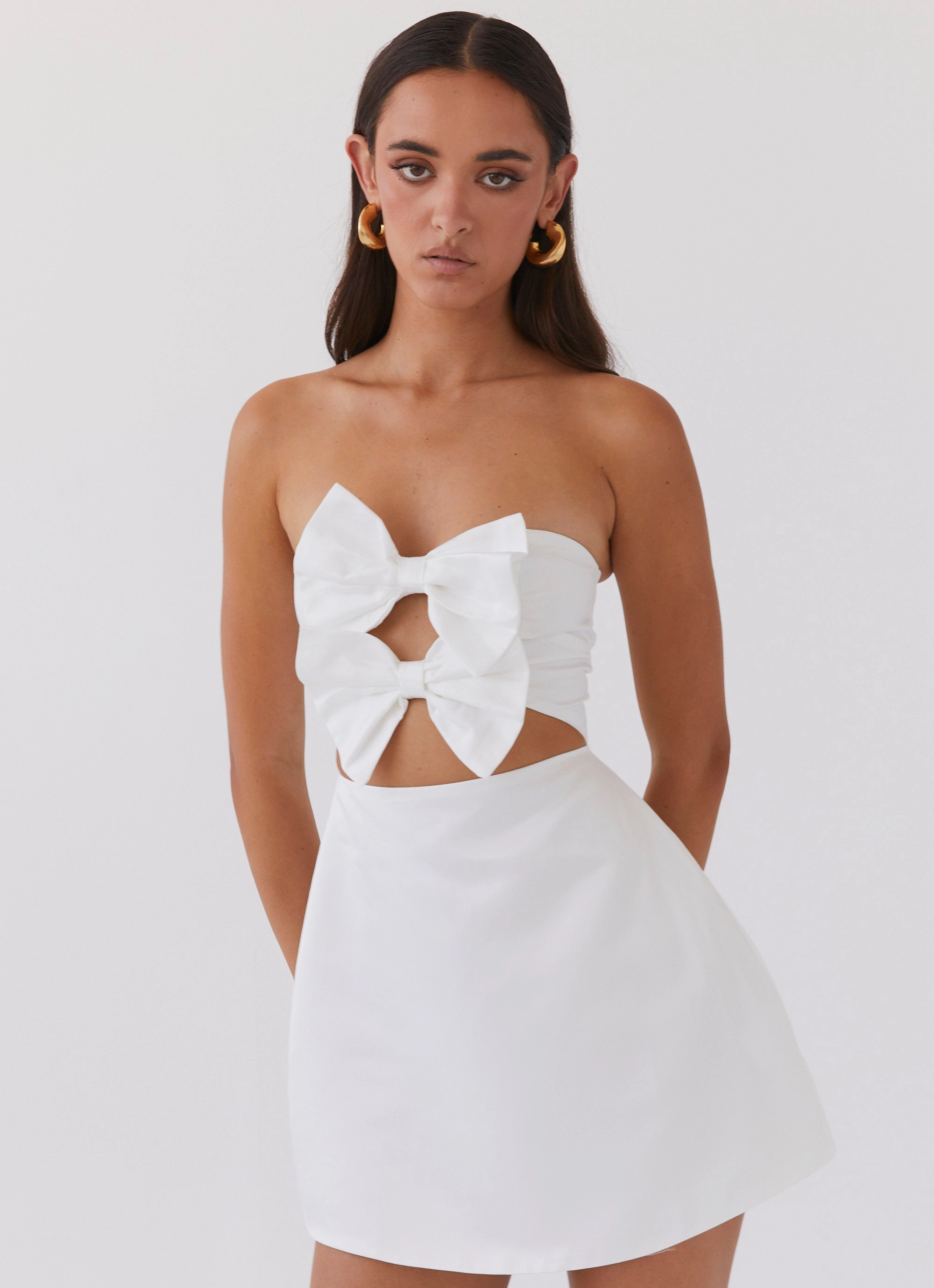 Girl Crush Bow Mini Dress - White Seamless-Look