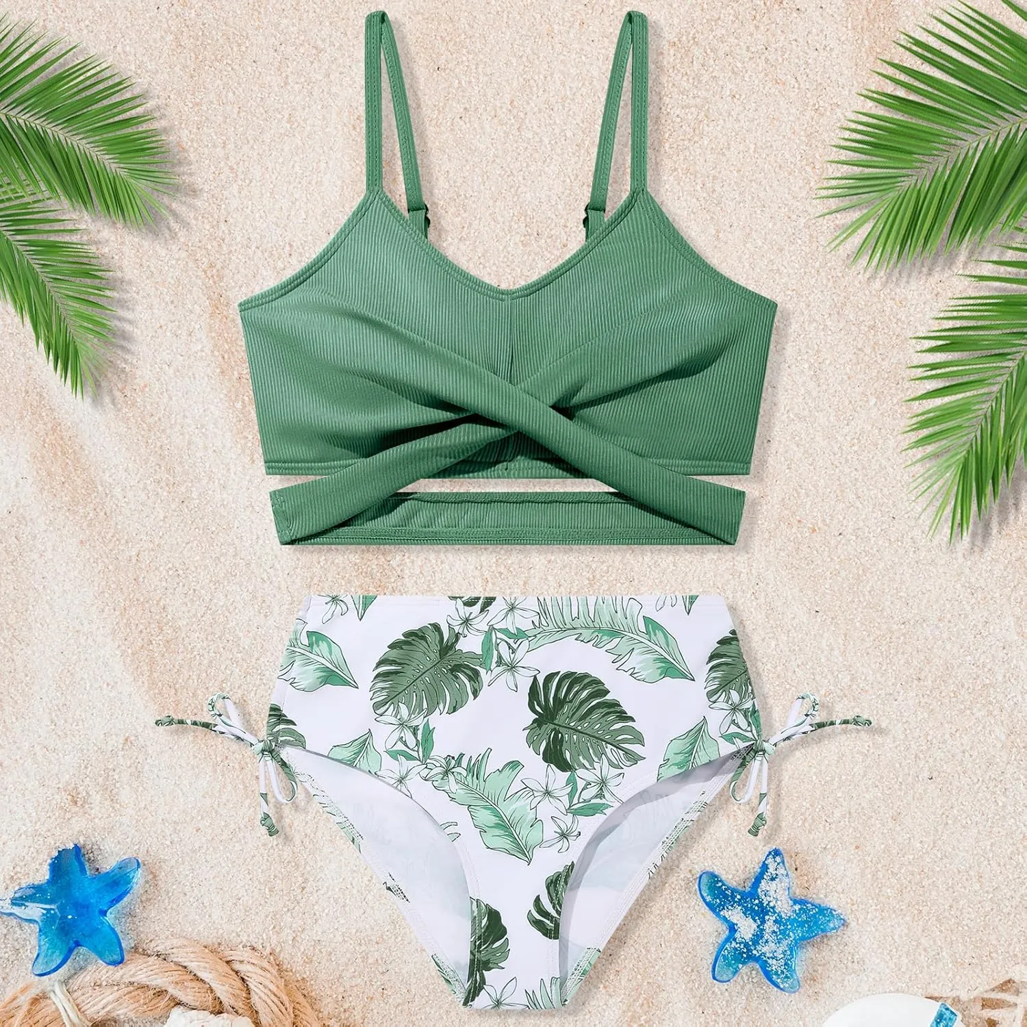Girls 2 Piece Swimsuit Hawaiian Criss Cross Bikini Bathing Suit Summer Beach Swimwear with Chest Pad 7-16T