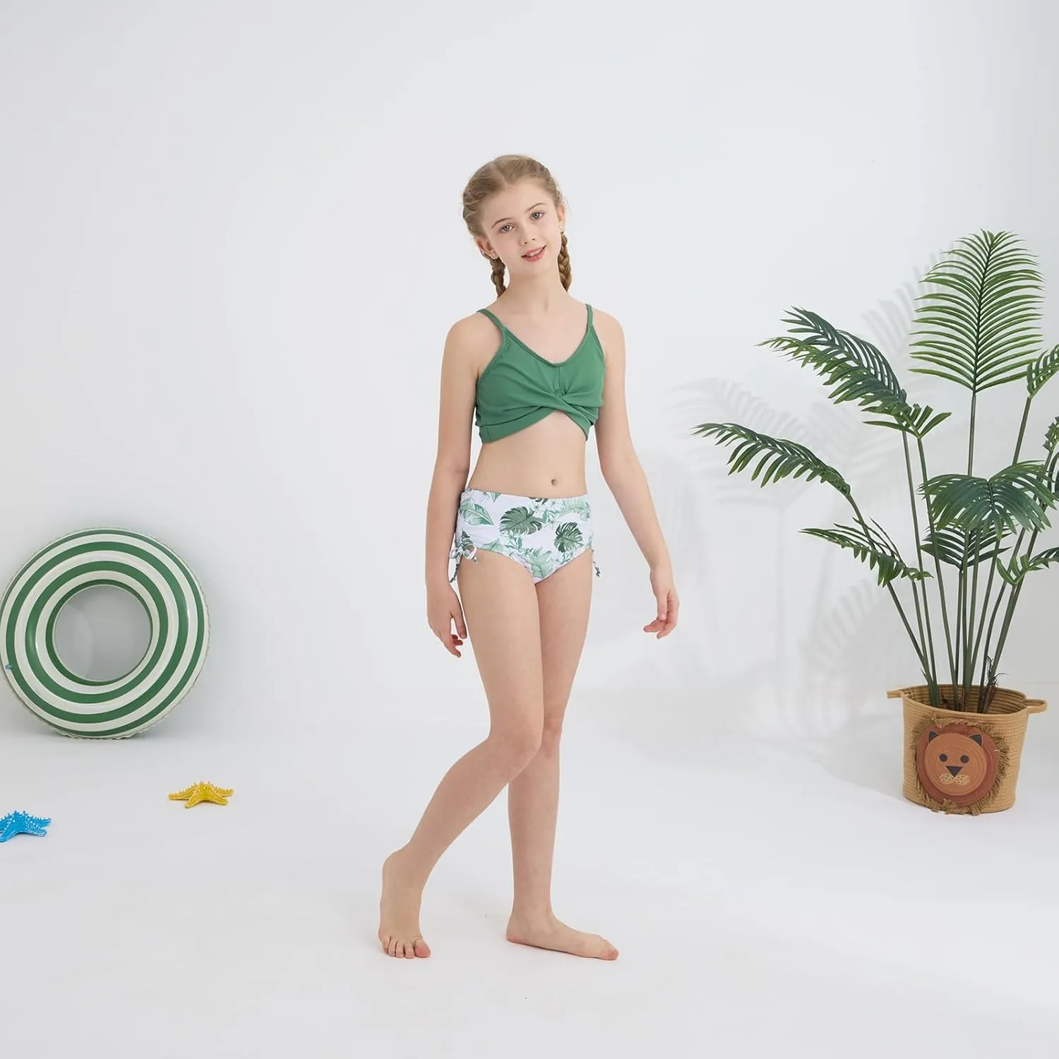 Girls 2 Piece Swimsuit Hawaiian Criss Cross Bikini Bathing Suit Summer Beach Swimwear with Chest Pad 7-16T