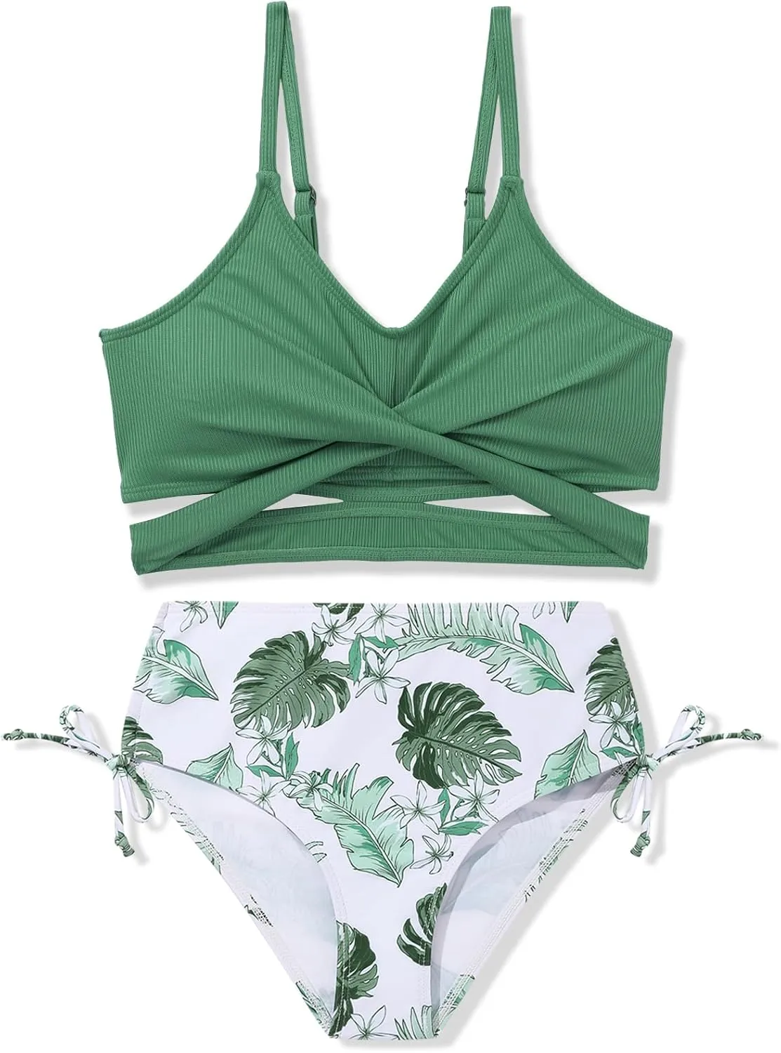Girls 2 Piece Swimsuit Hawaiian Criss Cross Bikini Bathing Suit Summer Beach Swimwear with Chest Pad 7-16T