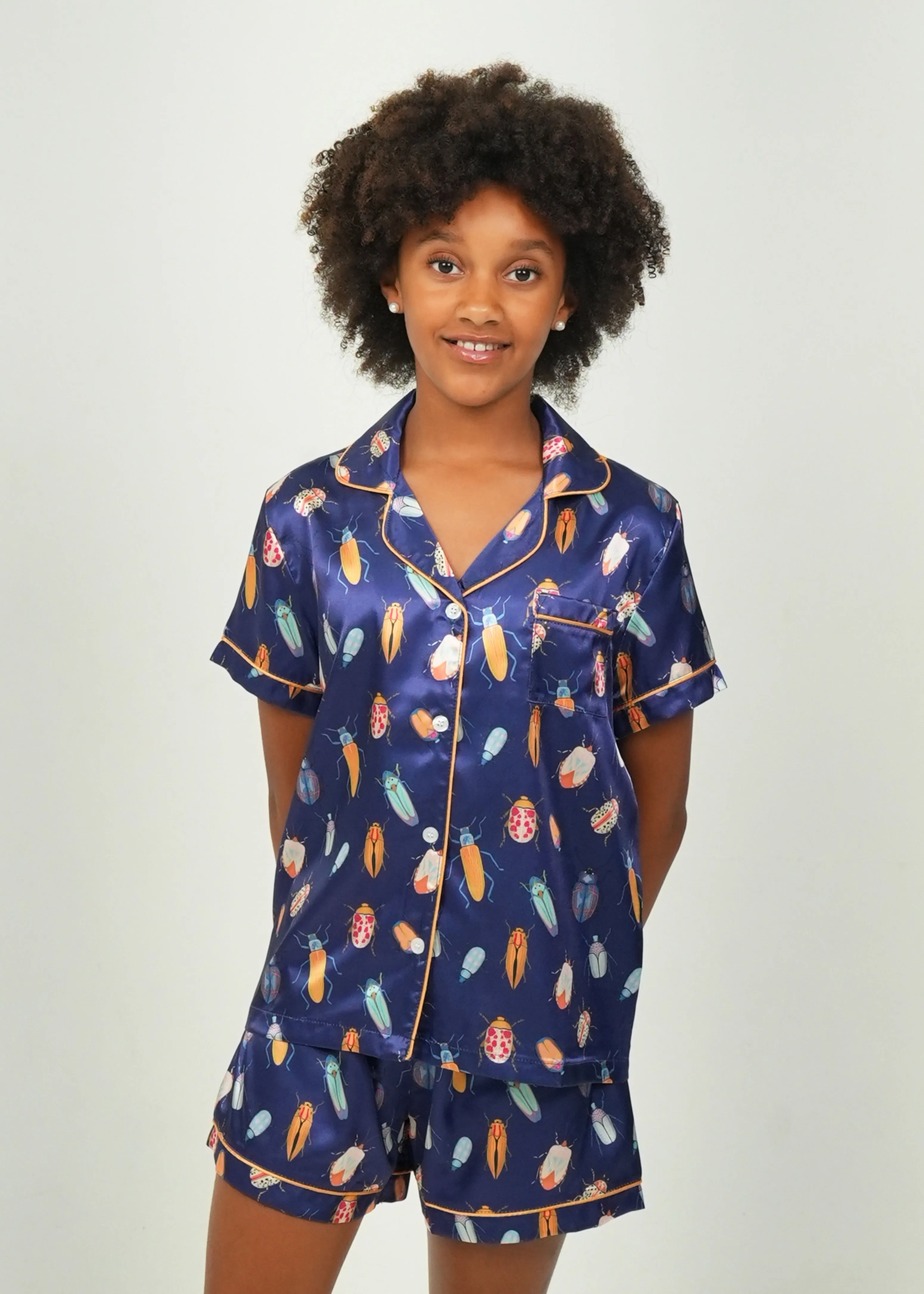 Girls - Beetles Navy Satin Short PJ Set