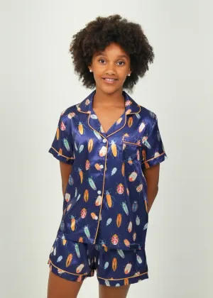 Girls - Beetles Navy Satin Short PJ Set