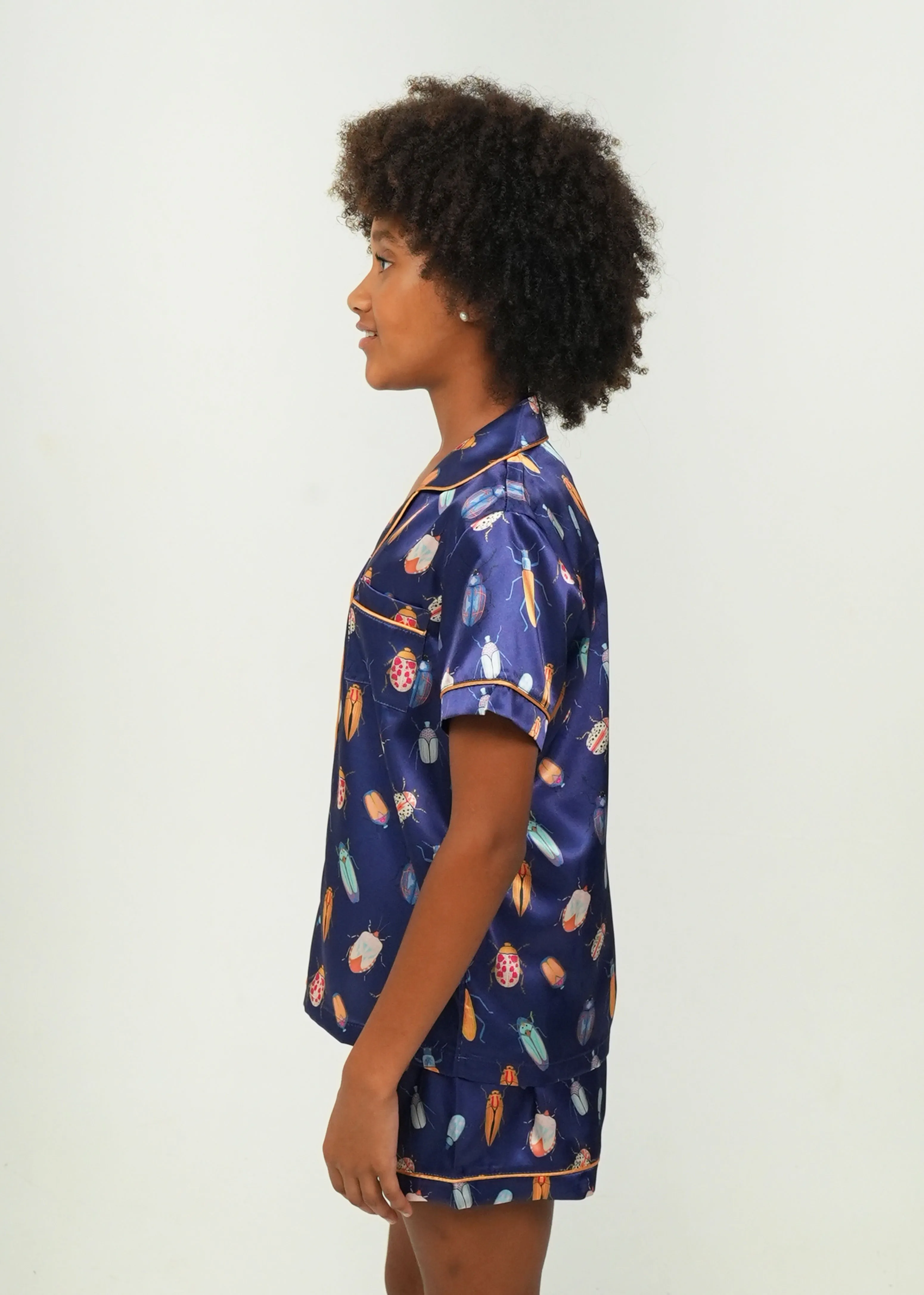 Girls - Beetles Navy Satin Short PJ Set
