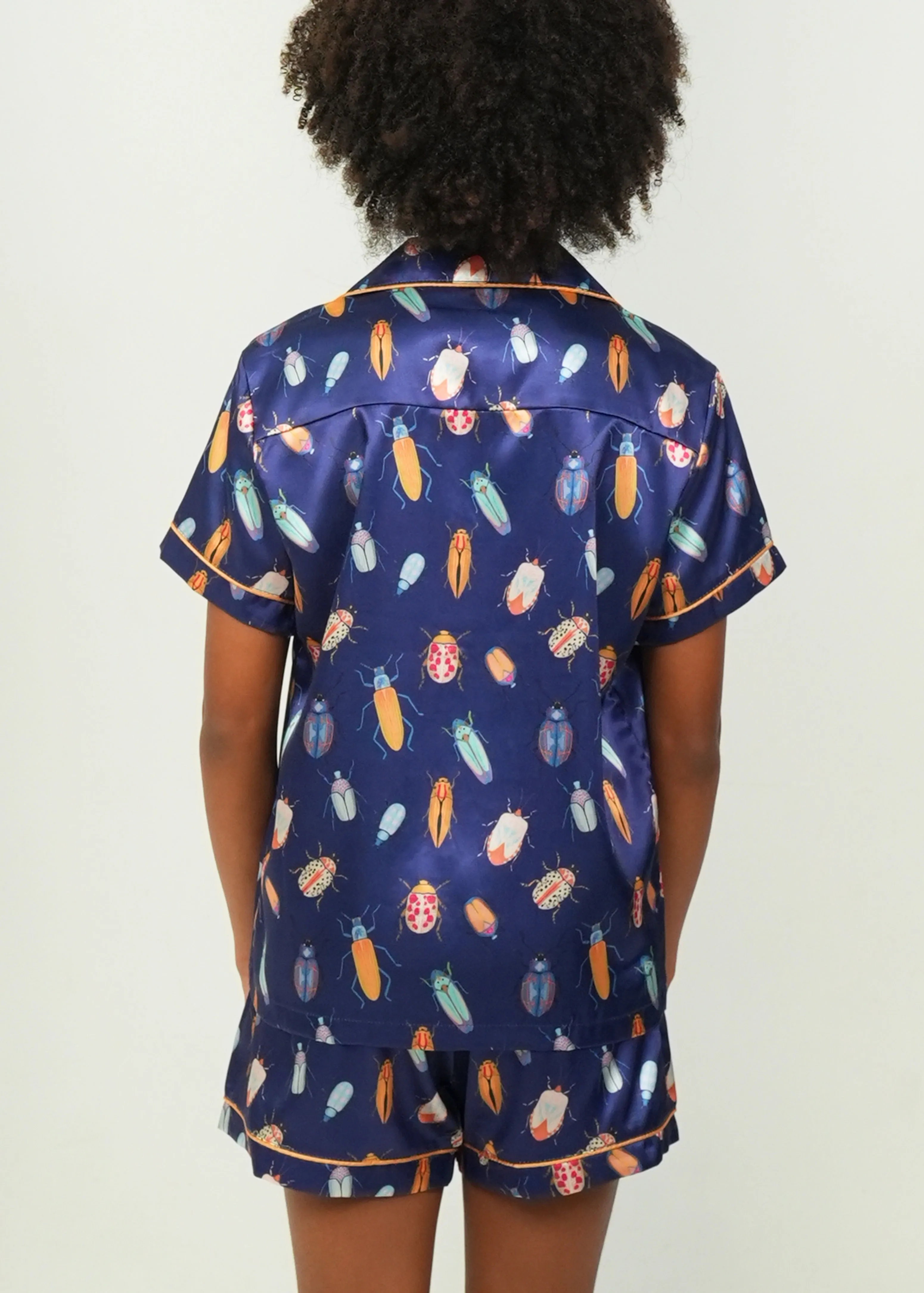 Girls - Beetles Navy Satin Short PJ Set