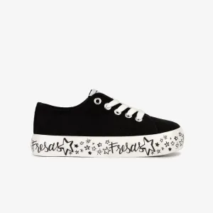 Girl's Black Printed Canvas Sneakers