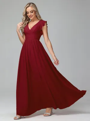 Girls Burgundy Bridesmaid Dresses Bonnie V-Neck Chiffon Bridesmaid Dresses With Ruffle Sleeves