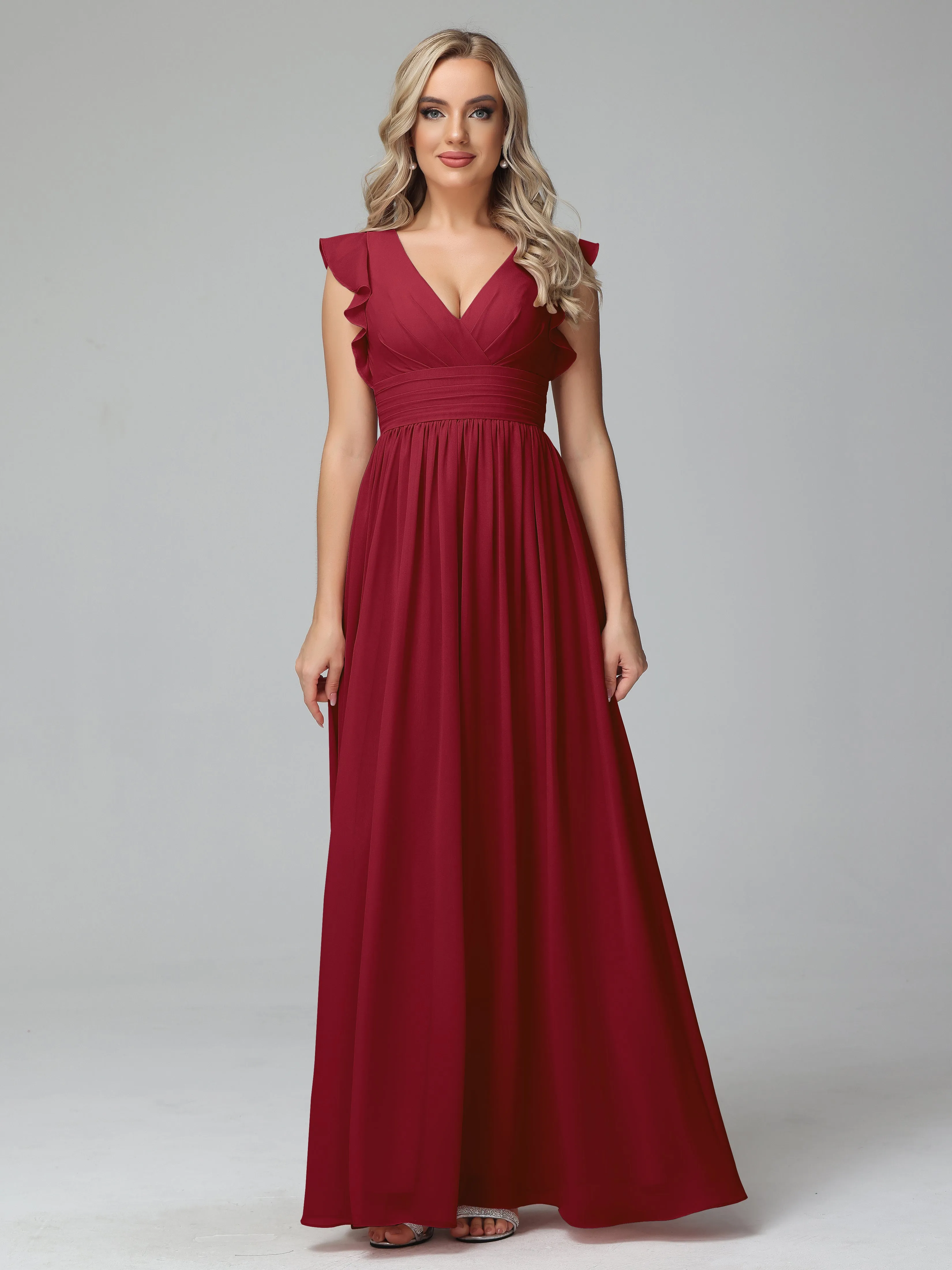 Girls Burgundy Bridesmaid Dresses Bonnie V-Neck Chiffon Bridesmaid Dresses With Ruffle Sleeves