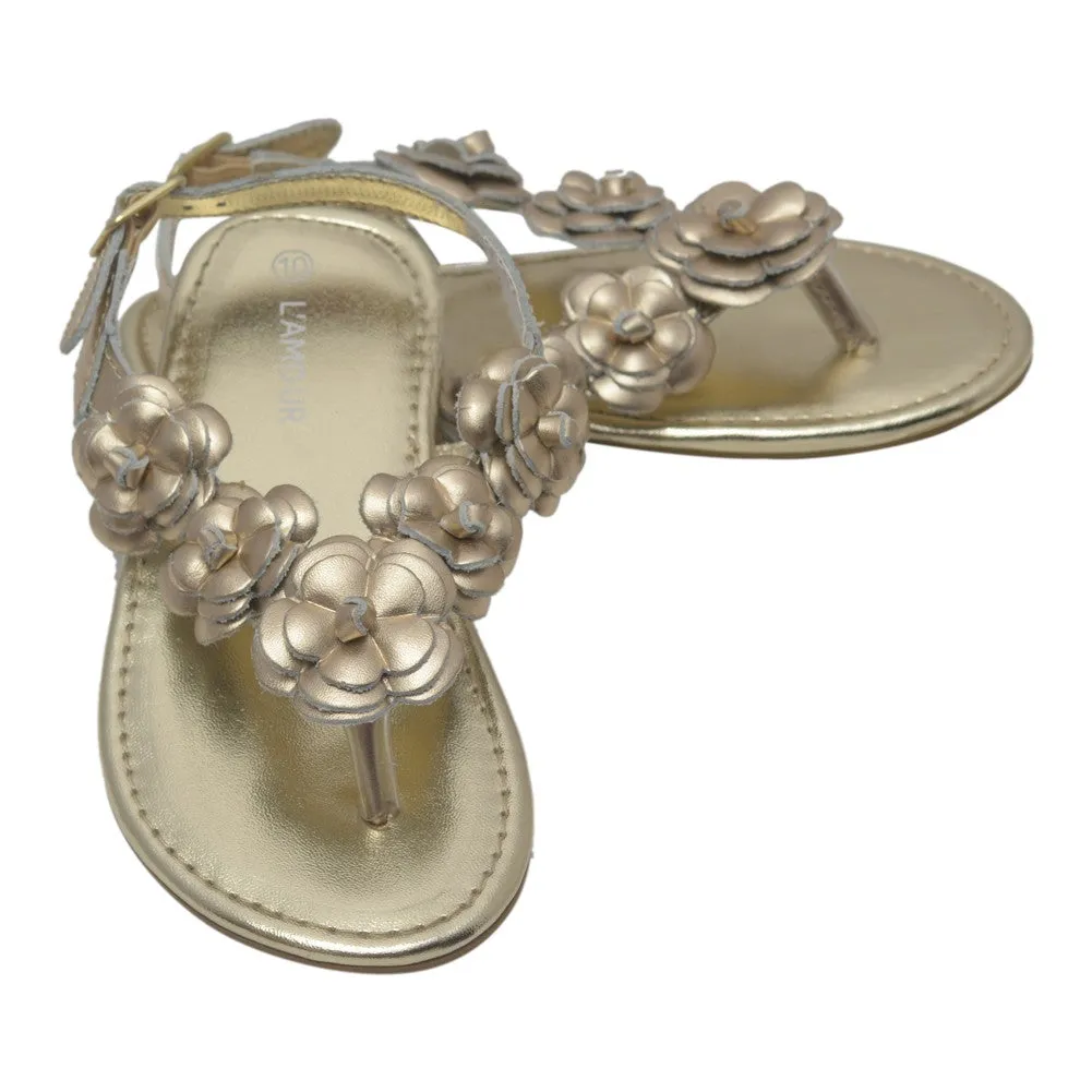 Girls Gold Flower Blossom Accent Buckle Thong Sandals 11-4 Kids