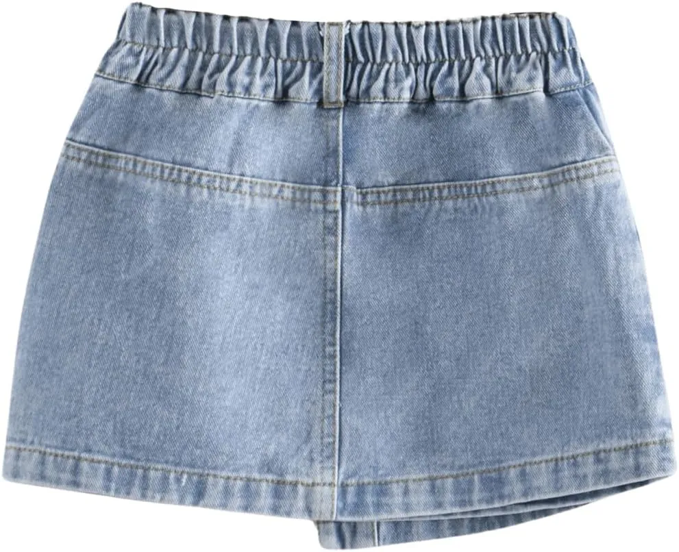 Girl's High Waisted Button Front Denim Skirt Asymmetrical Mini Jean Skirts with Pockets