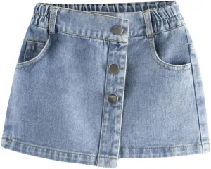 Girl's High Waisted Button Front Denim Skirt Asymmetrical Mini Jean Skirts with Pockets
