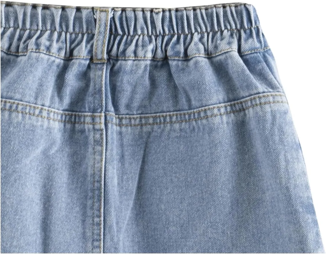 Girl's High Waisted Button Front Denim Skirt Asymmetrical Mini Jean Skirts with Pockets
