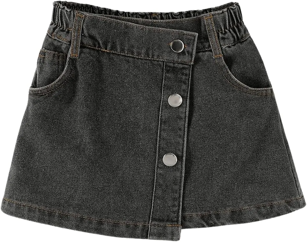 Girl's High Waisted Button Front Denim Skirt Asymmetrical Mini Jean Skirts with Pockets