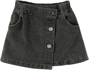 Girl's High Waisted Button Front Denim Skirt Asymmetrical Mini Jean Skirts with Pockets