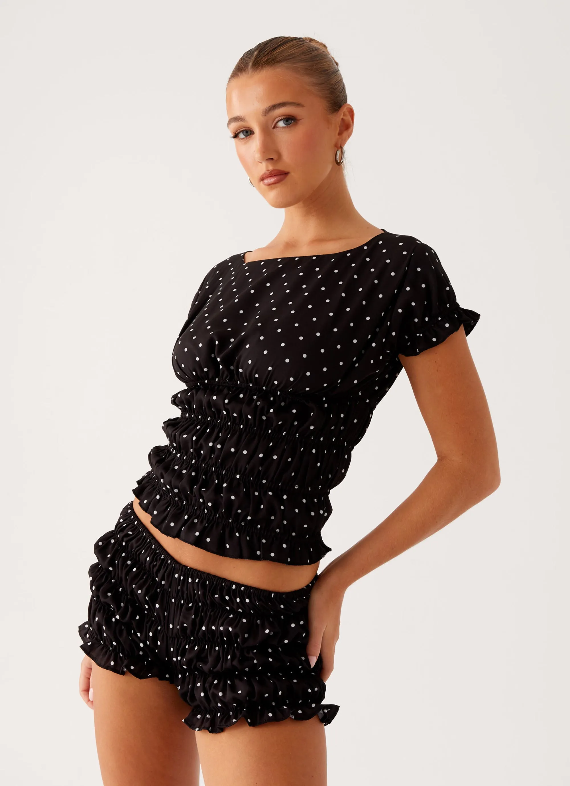 Neutral Fit Girls Like Us Ruched Mini Shorts - Black Polka Dot