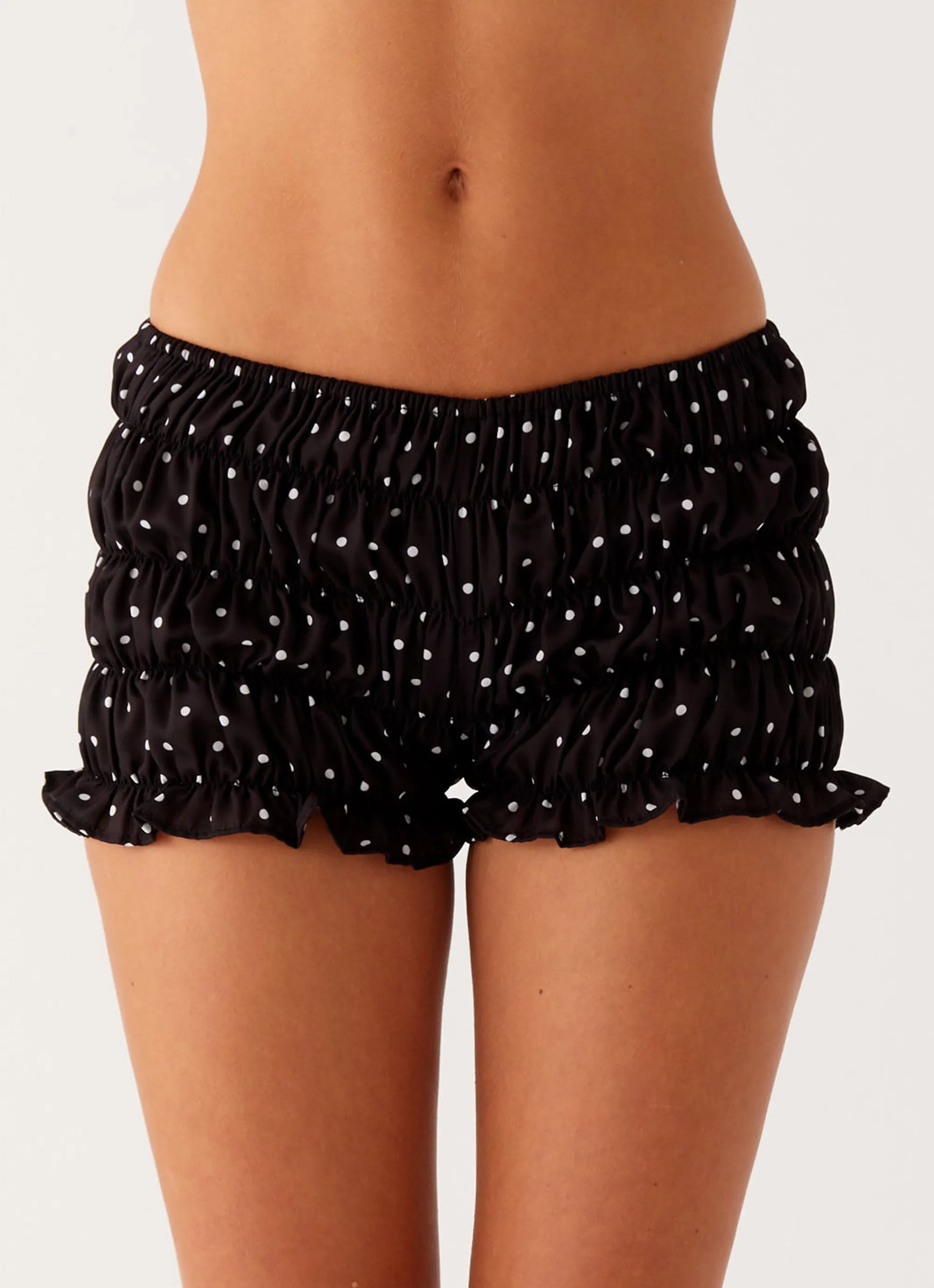 Girls Like Us Ruched Mini Shorts - Black Polka Dot Detachable belt Functional Waist