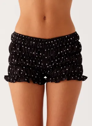 Girls Like Us Ruched Mini Shorts - Black Polka Dot Adventure Proof Girls Like Us Ruched Mini Shorts - Black Polka Dot Detachable belt Functional Waist