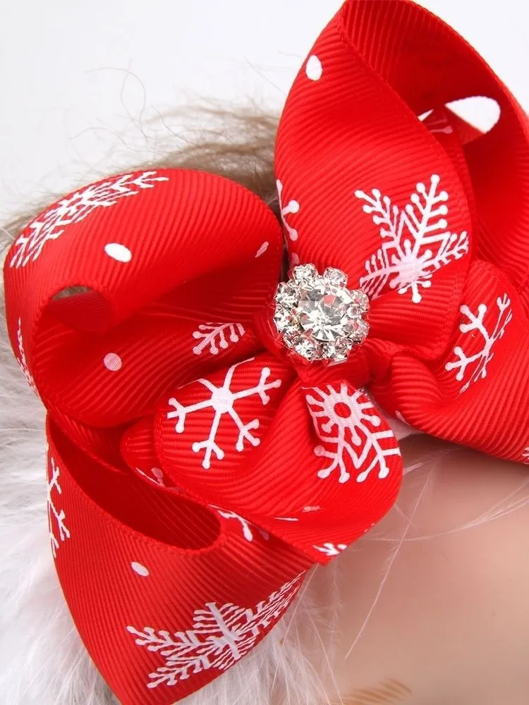 Girls Red Christmas Bow Headband With Rhinestone