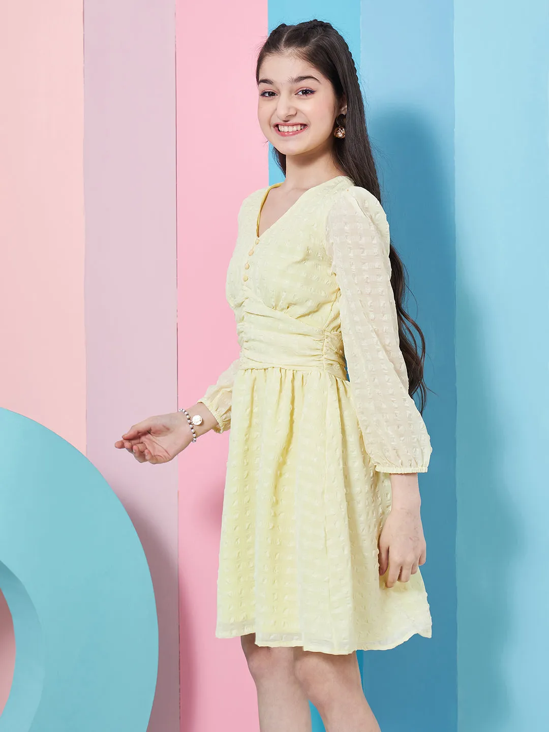Girls Self Design Puff Sleeve Georgette Fit Flare Dress - PS Peaches