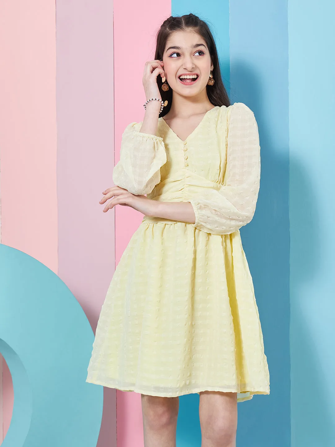 Girls Self Design Puff Sleeve Georgette Fit Flare Dress - PS Peaches