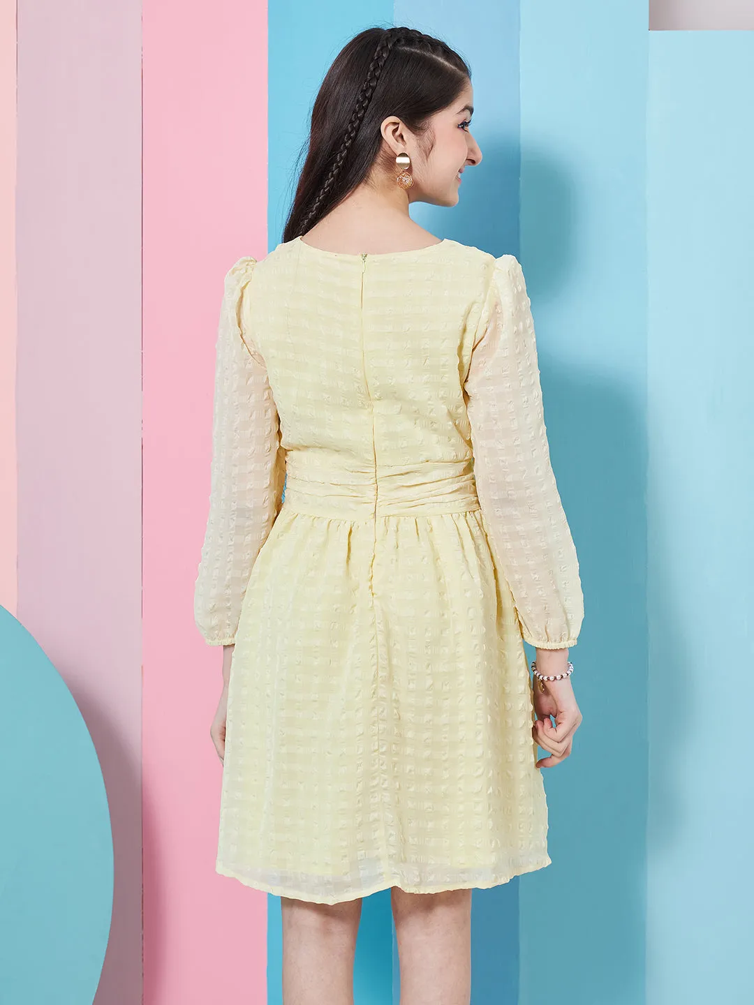 Girls Self Design Puff Sleeve Georgette Fit Flare Dress - PS Peaches