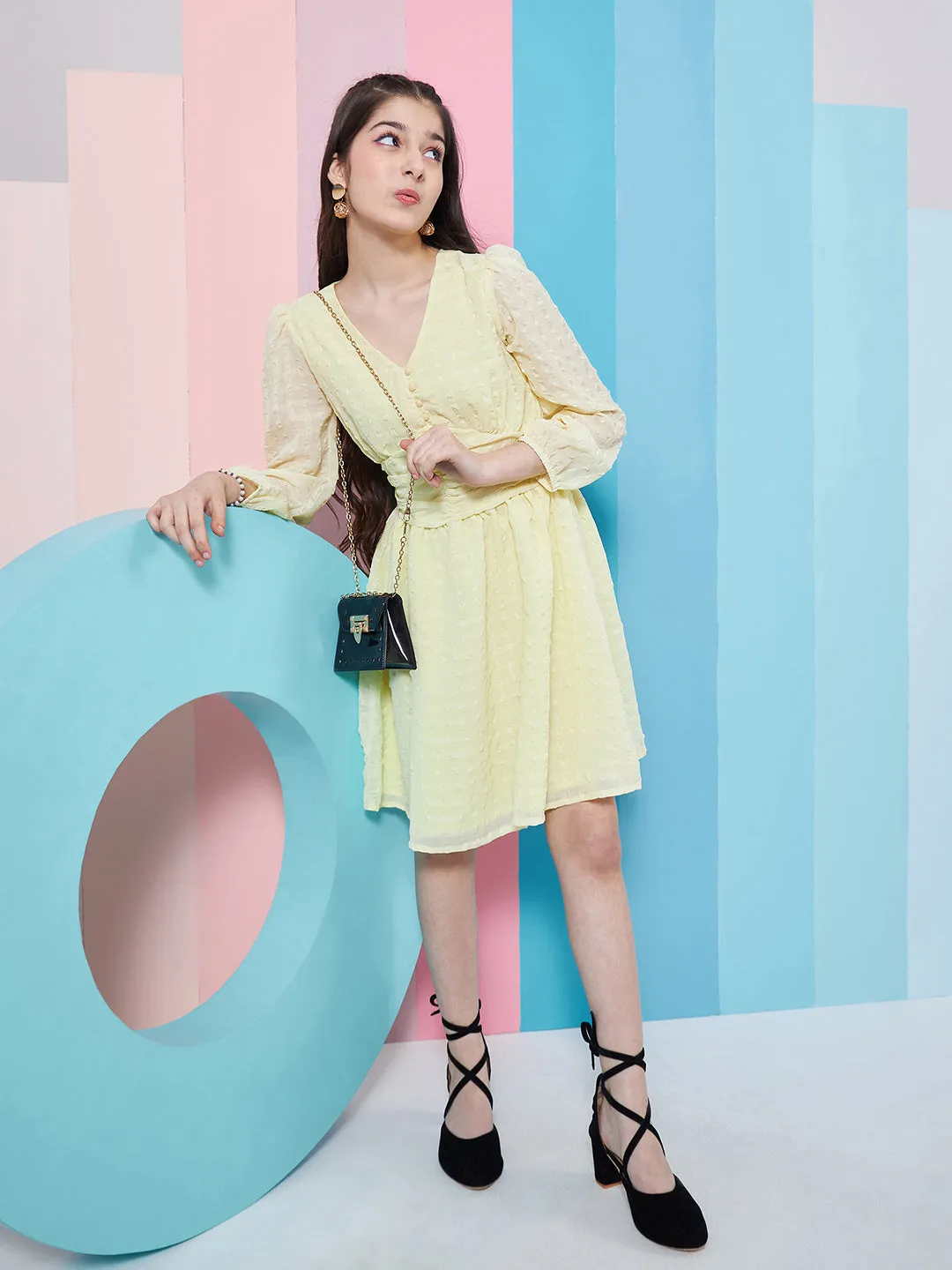 Girls Self Design Puff Sleeve Georgette Fit Flare Dress - PS Peaches