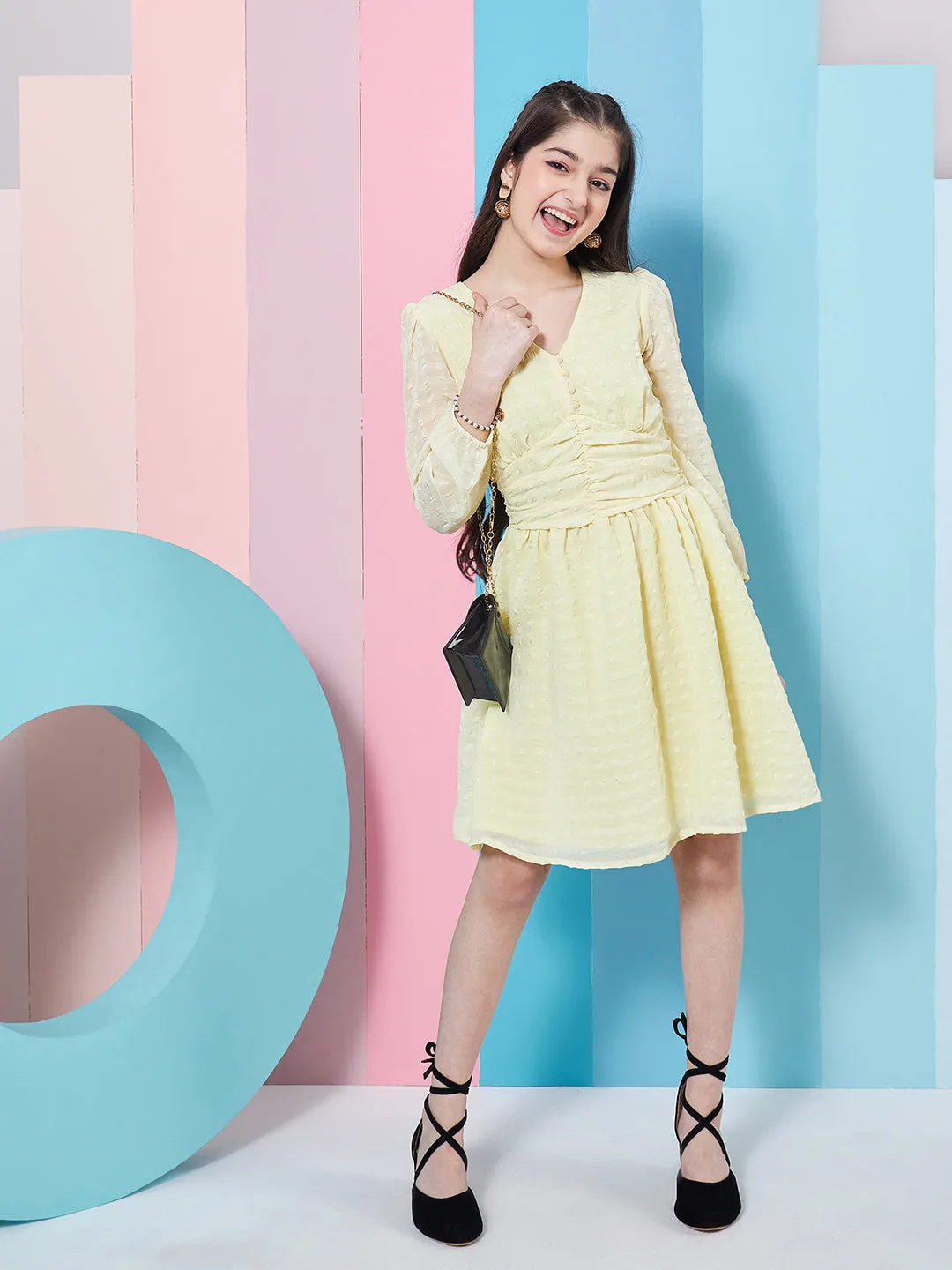 Girls Self Design Puff Sleeve Georgette Fit Flare Dress - PS Peaches
