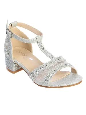 Girls Silver Rhinestone Heel T Strap Dress Sandals 9 Toddler-5 Kids